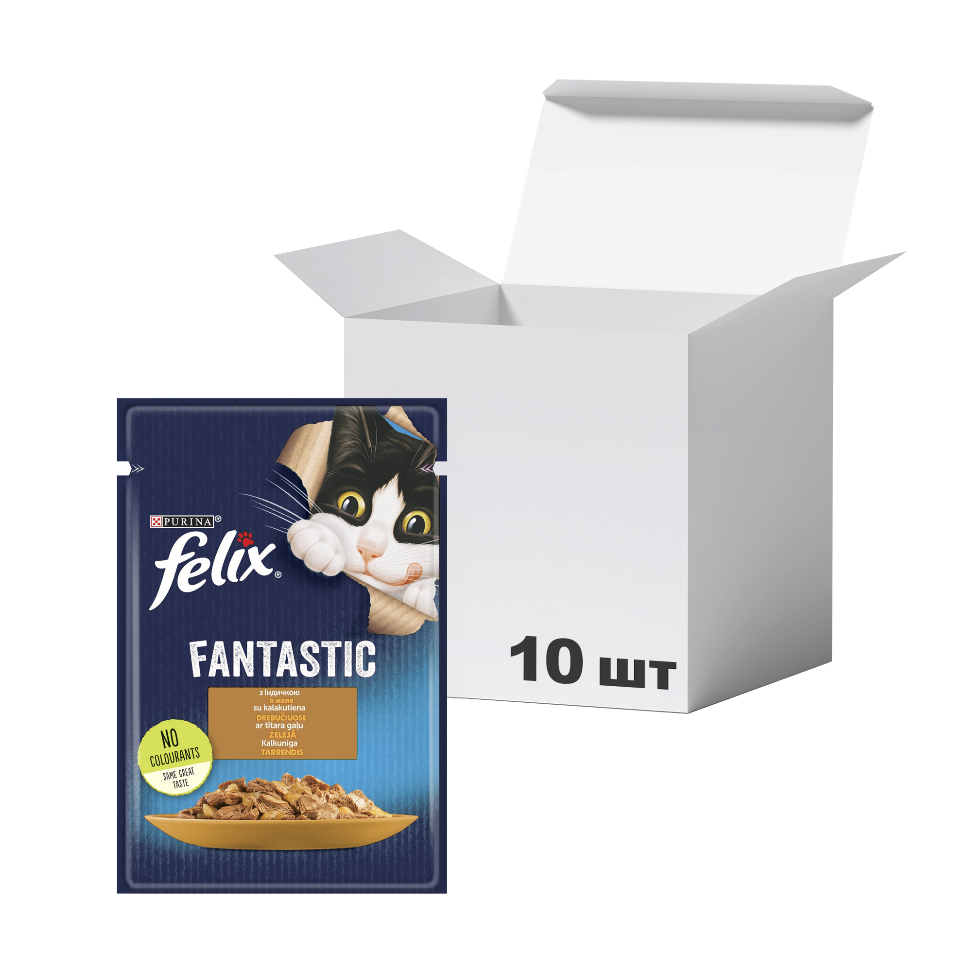 Упаковка вологого корму для дорослих кішок Felix Fantastic з індичкою, шматочки в желе, 85 г * 10 шт